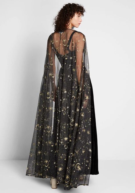 Celestial Occasion Velvet Maxi Dress Black | ModCloth - So, I don't think I'd ever have anything to go to, that would merit a dress this dramatic. But I love the celestial detailing on the cape. Plus Size Vintage Dresses, Black Ball Gown, Written In The Stars, Velvet Maxi Dress, Velvet Maxi, In The Stars, Maxi Dress Black, Fluttershy, Black Maxi