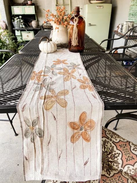 DIY Hand-painted Drop Cloth Table Runner | Hometalk Drop Cloth Table Runner, Outdoor Kitchen And Patio, Cloth Table Runner, Homemade Rugs, Table Runner Diy, Hand Painted Table, Table Clothes, Paint Drop, Drop Cloth Curtains