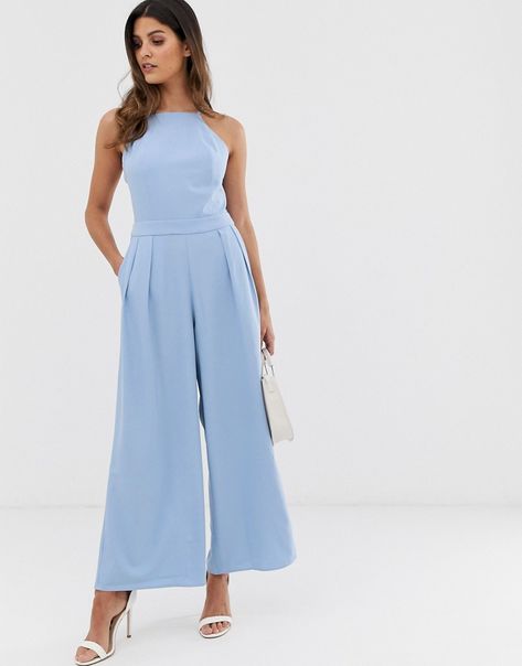 Light Blue Jumpsuit Outfit Wedding, Blue Bridesmaid Jumpsuit, Light Blue Wedding Party, Ladies Day At The Races Outfit, Blue Jumpsuits Outfit, After Party Outfit, Wedding Guest Jumpsuit, Wedding Dresscode, Jumpsuit Outfit Wedding