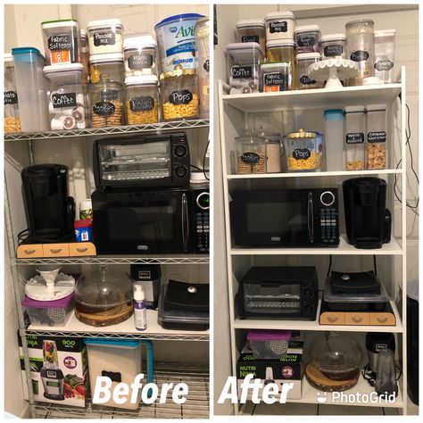 Using Ikea Jonaxel shelf only $50 Jonaxel Ikea Ideas, Ikea Open Storage Kitchen, Jonaxel Ikea Hack, Ikea Omar Pantry Open Shelving, Kitchen Storage Shelf Ikea, Ikea Hack Kitchen, Pantry Room, Pantry Makeover, Small Places