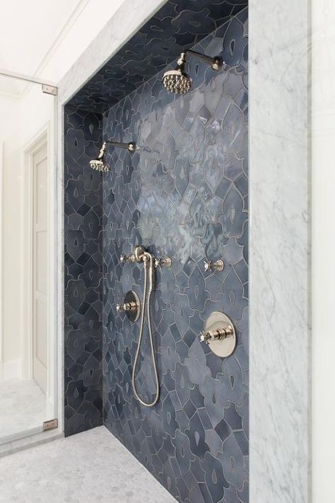 Gray mosaic fleur de lis mosaic tiles Modern Bathroom Renovations, Master Shower, Transitional Bathroom, House Bathroom, Bath Remodel, Shower Design, Shower Floor, Beautiful Bathrooms, Small Bathroom Remodel