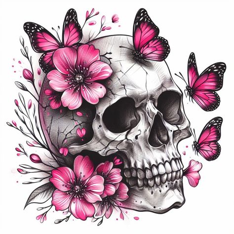 Skulls With Butterflies, Skull And Flowers Tattoo Design, Pretty Skull Tattoos, Skull With Butterflies, Girly Skull Tattoos, Sugar Skull Art Drawing, Calf Tattoo Ideas, Skull Butterfly Tattoo, Candy Skull Tattoo