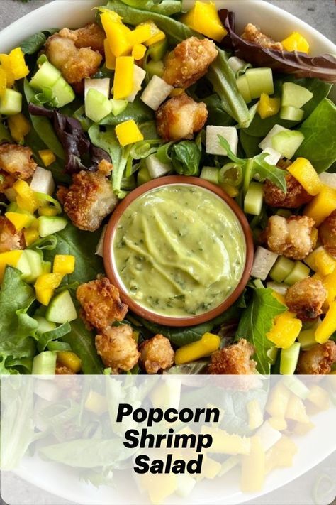 This Popcorn Shrimp Salad with Avocado Dressing combines crispy, crunchy & creamy in a heavenly bowl of goodness! It's also AIP, Paleo & Whole30 friendly. Salad With Avocado Dressing, Avocado Salad Dressing, Popcorn Shrimp, Salad With Avocado, Avocado Dressing, Aip Paleo, English Cucumber, Shrimp Salad, Chopped Salad