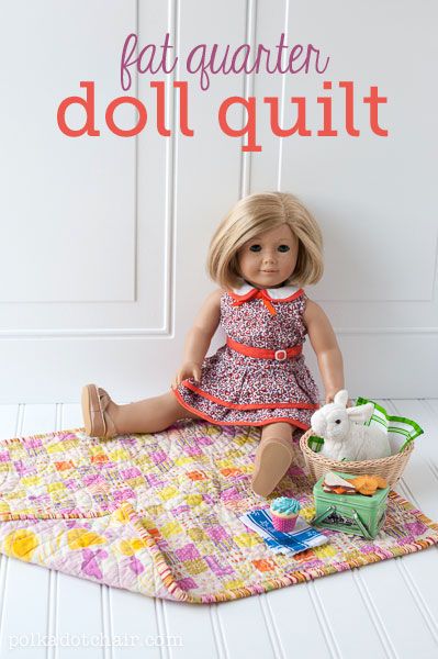 Use two fat quarters to make this quick and easy quilt for an American Doll Girl. How to make a doll quilt. Doll Bedding, American Girl Diy, Polka Dot Chair, Doll Quilts, American Girl Doll Diy, Mini Quilt Patterns, American Girl Patterns, American Girl Doll Crafts, American Girl Crafts