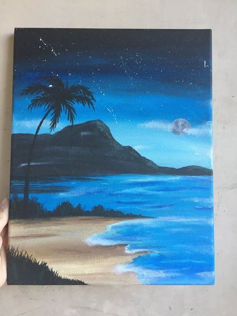 Night Beach Canvas Painting, Night Beach Painting Acrylic, Night Time Beach Painting, Beach At Night Drawing, Beach Pastel Art, Summer Night Painting, Pairing Ideas On Canvas, Painting Ideas On Canvas Night, Naturalisme Painting