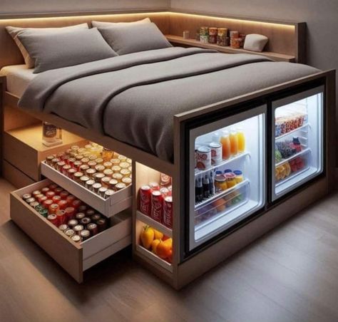 Integrated Refrigerator, Dream Bedroom Inspiration, Minimalist Bed, Innovative Furniture, Cozy Spot, Mini Fridge, Awesome Bedrooms, Dream House Decor, Dream Home Design