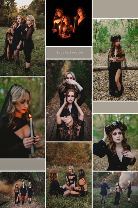 Spooky season almost always comes with witches! I hosted this witches styled shoot last year and it ended up being amazing! Check out more from this session on my blog post! Cool Halloween Photoshoot Ideas, Women’s Halloween Photo Shoot, Dark Spooky Photoshoot, Halloween Style Photoshoot, Good Witch Photoshoot, Sister Witch Photoshoot, Group Halloween Photoshoot Ideas, 3 Best Friend Halloween Photoshoot, Friends Spooky Photoshoot