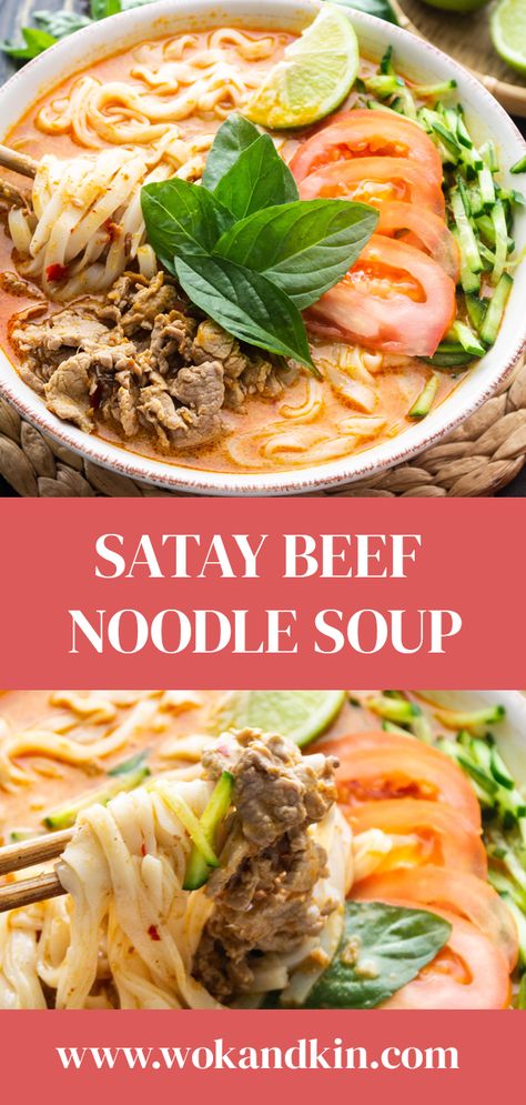 This creamy satay beef noodle soup is my go-to for every winter! You'll love this easy, delicious and warming recipe! #satay #beef #noodles #noodlesoup #asianfood #comfortfood #vietnamesefood #chinesefood Beef Satay, Satay Sauce, Beef Noodle Soup, Quick And Easy Soup, Noodle Soup Recipes, Beef Soup, Beef And Noodles, Easy Soup Recipes, Noodle Soup