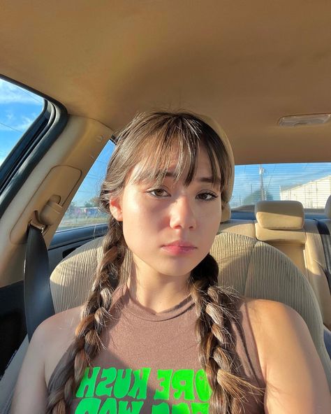 #selfie #skin #croptop #hair #bangs #braids #updos Cute Braids With Bangs, 2 Braids With Bangs, Wispy Bangs With Braids, Curtain Bangs French Braids, Twin Braids With Bangs, Two Braids With Bangs, Bangs Hairstyles Updo, How To French Braid Bangs, French Braids With Bangs