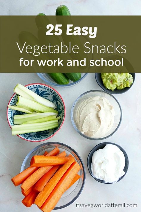 25 Easy Vegetable Snacks for Work and School- these make ahead snacks are simple, tasty, and nutritious. Prep some of them in advance for healthy weekday snacking! #veggies #snackattack #healthysnacks Easy Vegetable Snacks, Make Ahead Snacks, Vegetable Chips Baked, Healthy Veggie Snacks, Veg Snacks, Vegetable Snacks, Veggie Snacks, Easy Vegetable, Filling Snacks