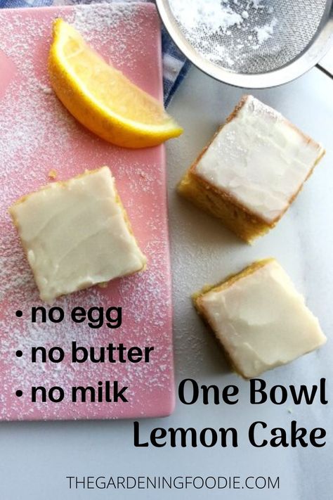 Enjoy the sweet tangy deliciousness with my One Bowl Lemon Cake. Made without eggs, oil or milk to create a fluffy, soft textured lemon cake. Eggless Lemon Cake, Cake Recipes Without Milk, Desserts Without Eggs, Cake No Eggs, Lemon Desserts Easy, Nutritarian Diet, Lemon Cake Easy, No Egg Desserts, Homemade Strawberry Sauce