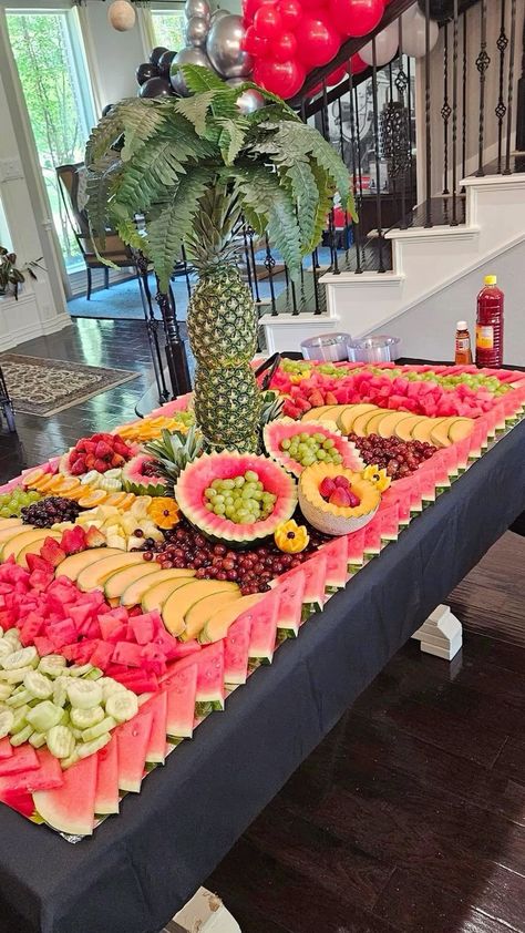 Big Fruit Platter, Tropical Brunch Ideas, Fruit For Party Ideas, Tropical Fruit Display, Baby Shower Fruit Table, Pineapple Fruit Display, Tropical Charcuterie Board, Fruit Platters Display, Fruit Bar Ideas Parties