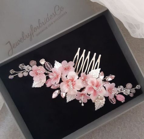 Bridal accessories – Cherry blossom bridal bracelet. Pink sakura flower wedding accessories for bridal silver, gold or rose gold. Sakura Hair, Cherry Blossom Hair, Blue Wedding Hair, Flower Bridal Hair, Pink Sakura, Cherry Blossom Wedding, Bridal Hair Piece, Bouquet Toss, Sakura Flower