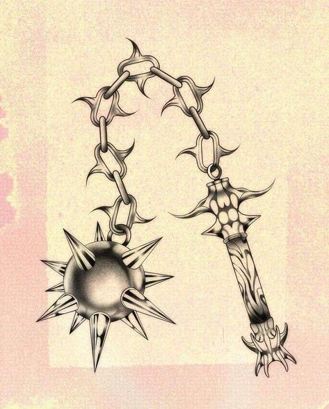 Mace Drawings, Mace Tattoo Design, Mace Designs, Flail Tattoo Design, Ball And Chain Tattoo, Morningstar Tattoo, Mace Tattoo, Flail Tattoo, Yakuza Style Tattoo