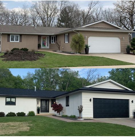 Rambler Siding Ideas, White Exterior Paint Colors Ranch House, Flat Roof House Paint Exterior, Home Outside Painting Ideas, Rambler Paint Exterior, New Roof Design, Painted Carport Floor, Rambler House Exterior Color Schemes, 1980s Ranch House Remodel