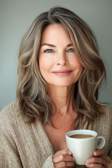 Brown Hair With Highlights To Hide Gray, Highlight Ideas For Brunettes, Brunettes Over 50, Light Brown Hair With Silver Highlights, Grey Transition Hair Highlights, Brown Hair Over 50, Hide Gray Hair With Highlights Brunettes, Wavy Hair With Layers, Gray Highlights Brown Hair