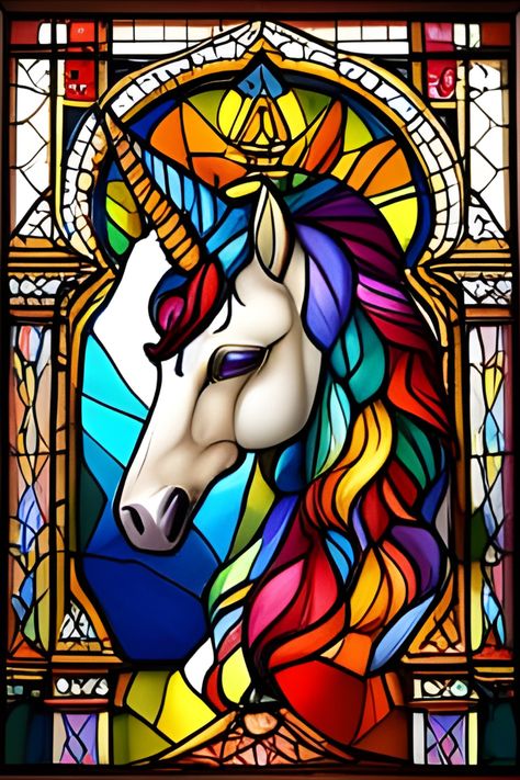 Faux stained glass image of a unicorn Motif Art Deco, Unicorn Art, Valentine Day Wreaths, Dragon Pictures, Faux Stained Glass, Rainbow Unicorn, Stained Glass Mosaic, Stained Glass Patterns, Pictures To Paint