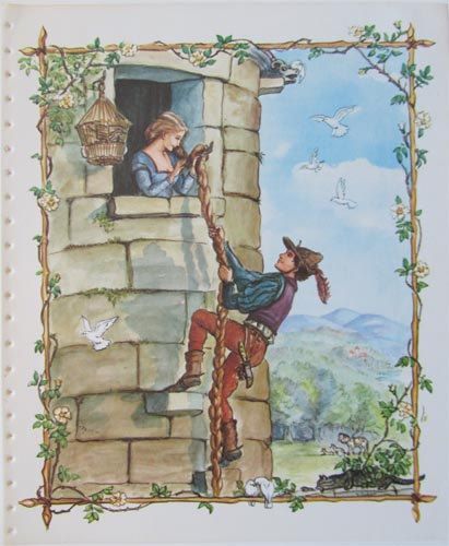 "Rapunzel" by Tasha Tudor. Illustration to be found in the "Tasha Tudor Book of Fairy Tales" (Platt and Munk, 1969). Rapunzel Book, Tasha Tudor, 동화 삽화, Fairytale Nursery, Classic Fairy Tales, Brothers Grimm, Fairytale Illustration, Vintage Fairies, Fairytale Art