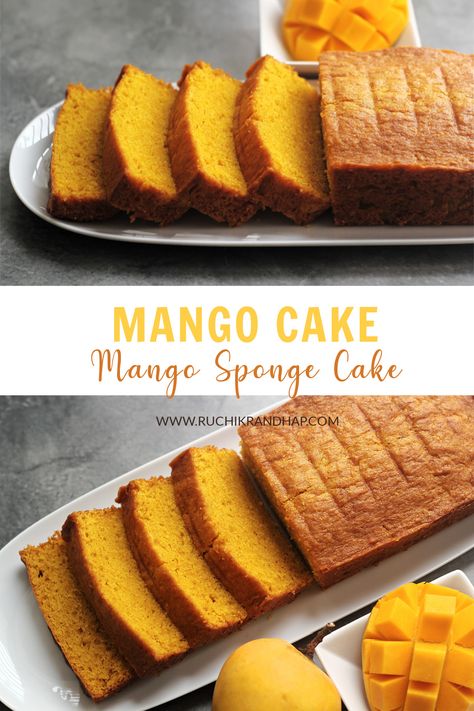 Vanilla Mango Cake, Mango Almond Cake, Frozen Mango Recipes Baking, Mango Sponge Cake Recipe, Mango Healthy Dessert, Cooked Mango Recipes, Baking With Mango, Mango Loaf Cake, Easy Mango Cake