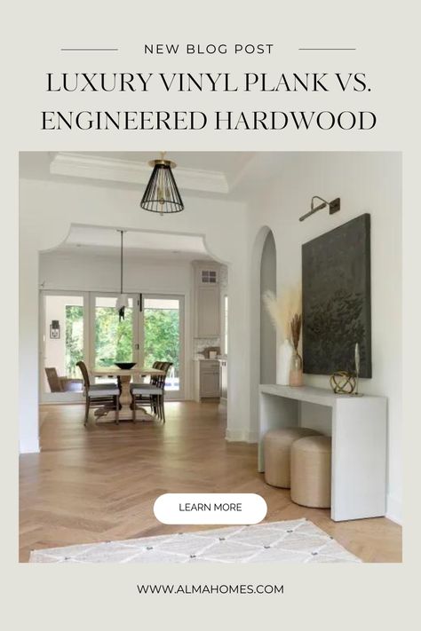 We love the look of hardwood floors! They’re classic, timeless, and look great in nearly all areas of the home. However, with more and more flooring options joining the market, there’s a lot to consider when choosing your flooring type. Today, we’re breaking down the two types of flooring we use most often in our custom home build and remodel projects: engineered wood and luxury vinyl plank. Alma Homes, Custom Home Build, Wide Plank Hardwood Floors, Flooring Trends, Best Flooring, Engineered Hardwood Flooring, Engineered Wood Floors, Interior Floor, Wide Plank