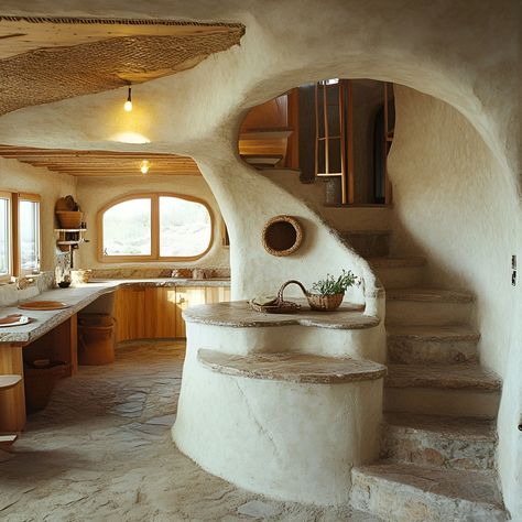 Cob construction creates this beautifully functional interior with flowing walls, arched niches, and built-in features. The use of natural materials like clay, sand, and straw results in organic shapes and excellent insulation. Stone steps and counters complement the aesthetic, showcasing how cob building materials enhance sustainability while achieving a timeless, handcrafted appearance. Cob House Blueprint, Cob House Outside, Cob Construction, Cob Home, Cob House Interior, Building Materials Architecture, Earthbag House, Cob Building, Bag House