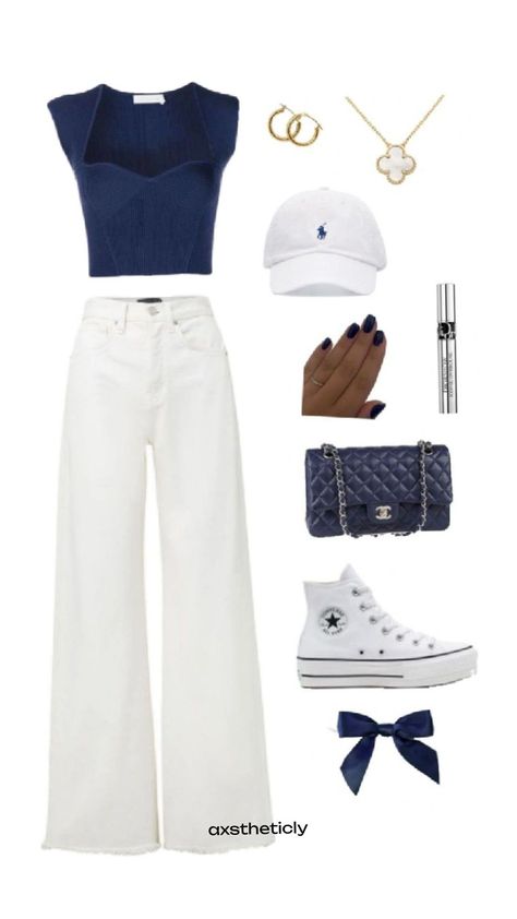 Casual Outfit Korean, Navy Blue Aesthetic, Blue Top Outfit, Navy Blue Outfit, Outfit Korean, Navy Blue Top, Clothes Aesthetic, Cute Outfits For School, Usa Outfit