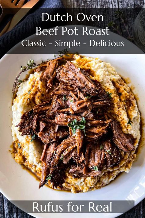 dutch oven pot roast served over mashed cauliflower Beef Pot Roast Recipes, Roast Beef Dutch Oven Recipes, Beef Chuck Roast Dutch Oven, Pot Roast Dutch Oven Recipes, Beef Roast In Dutch Oven, Dutch Oven Beef Roast, Pot Roast In Dutch Oven, Pot Roast In Oven, Dutch Oven Thanksgiving Recipes