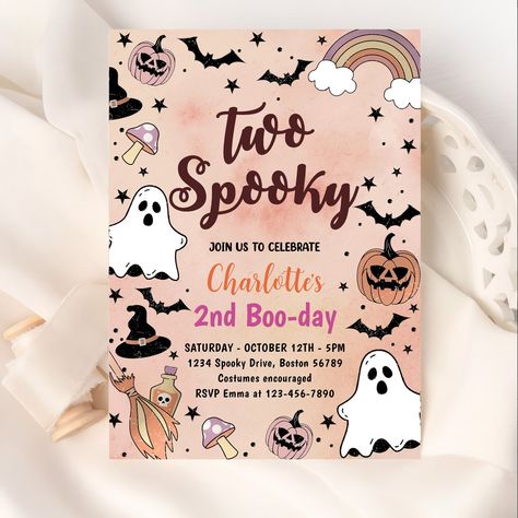 Two Spooky Halloween 2nd Birthday Party Invitation Spooky Two Birthday, Halloween Two Year Old Birthday, Halloween Themed Two Year Old Birthday, Spooky Second Birthday, Spooky 2nd Birthday, Two Spooky 2nd Birthday Party, Halloween Birthday Party Decorations, Halloween 2, Birthday Halloween Party