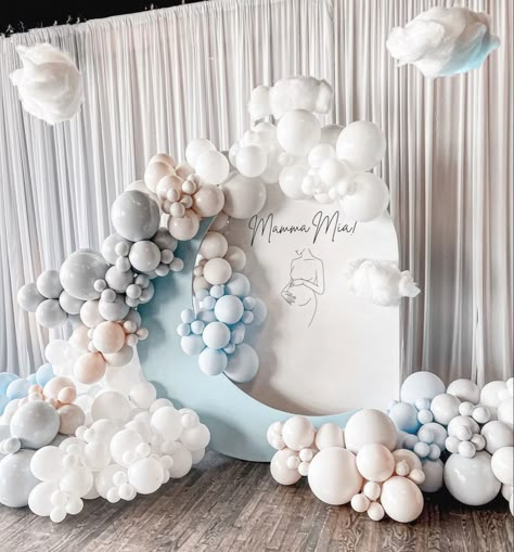 Heaven Sent Backdrop Ideas, Cloud 9 Balloon Garland, Clouds Gender Reveal Party, Moon Backdrop With Balloons, Over The Moon Backdrop, Cloud Nine Backdrop, Cloud Theme Baby Shower Ideas Boy, Clouds Baby Shower Theme Boy, Cloud Balloon Garland