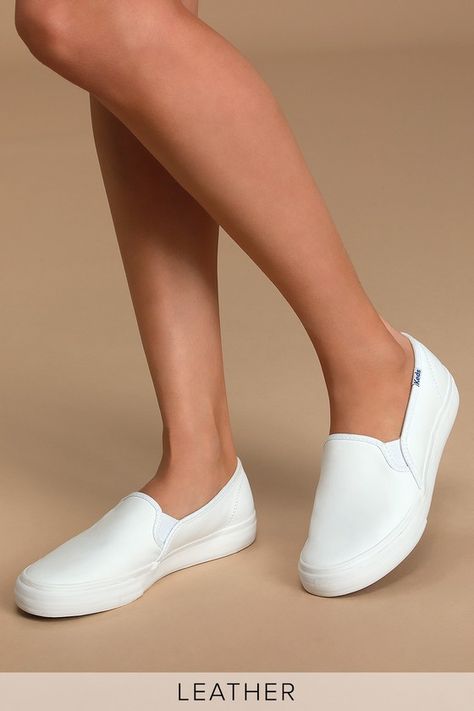 Keds Double Decker Leather - White Sneakers - Slip-On Sneakers #ad #Decker, #Paid, #Double, #Keds, #Leather Collar Clothes, White Keds, White Slip On Shoes, Silhouette Logo, Keds Champion, Classy Style, Pinterest Closet, Logo Tag, Christmas 2020