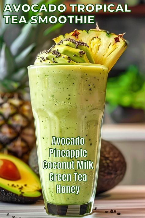 This Avocado Tropical Tea Smoothie is a perfect and creamy blend of ripe avocado, sweet pineapple, and aromatic green tea, enriched with coconut milk. This recipe combines healthful ingredients for a tropical taste escape that's perfect for any time of day! Moroccan Mint Tea Recipe, Healthy Teas Recipes, Milk Thistle Tea, Mint Tea Recipe, Layered Smoothie, Tea Facts, Licorice Tea, Turmeric Tea Recipe, Ginger Tea Recipe