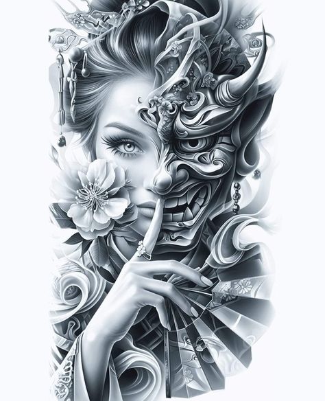 Tato Geisha, Tato Irezumi, Japanese Geisha Tattoo, Samurai Mask Tattoo, Japanese Mask Tattoo, Guerriero Samurai, Geisha Tattoo Design, Tattoo Japanese Style, Japanese Art Samurai