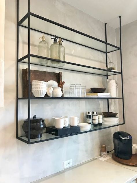 if we take out front glass panel and can the glass co by me re-use it and just cut it as shelves? Kitchen Shelves Styling, Shelf Decorating, Glass Shelves In Bathroom, Shelf Industrial, Glass Shelves Kitchen, Floating Glass Shelves, Organizer Kitchen, Casa Country, Organization Kitchen