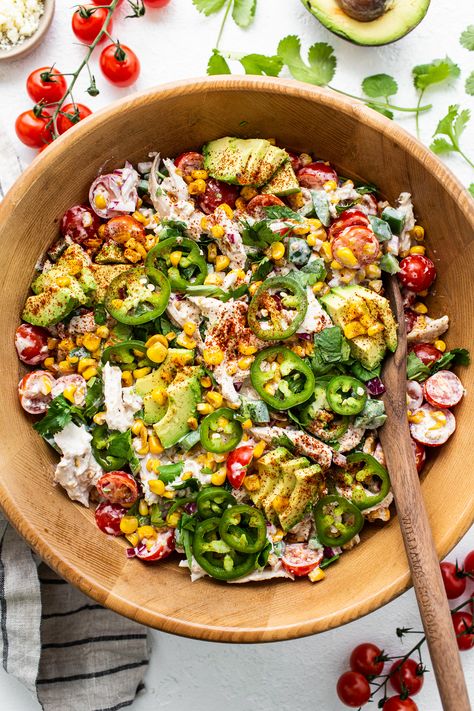 One up your chicken salad game with this yummy street corn chicken salad recipe made with shredded chicken and ingredients from street corn salad! Elote Chicken, Street Corn Chicken, Shredded Chicken Salads, Volume Eating, Coconut Chicken Tenders, Street Corn Salad, Greek Yogurt Sauce, Main Recipes, Corn Chicken