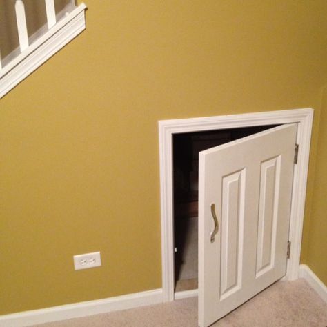 Access door for under stair storage Storage Door Under Stairs, Refinish Basement, Stairs Cabinet, Staircase Door, Door Under Stairs, Attic Renovation On A Budget, Loft Wardrobe, Attic Access Door, Ranch Bathroom