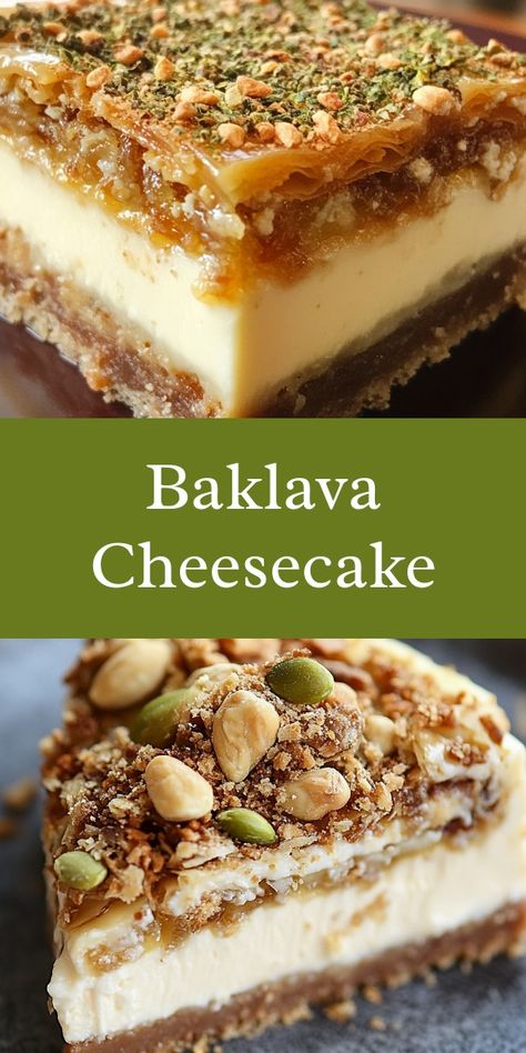 As the aroma of baklava cheesecake filled the kitchen, laughter echoed with my family gathered around, sharing stories. My partner's delighted smile warmed my heart, making that sunny Sunday afternoon feel like a cherished tradition, uniting us all in sweetness. Baklava With Cream Filling, Baklava Baked Brie, Baklava Cheesecake Bars, Baklava Fudge, Sweet And Savory Desserts, Homemade Baklava Recipe, Traditional Baklava Recipe, Baklava Cheesecake Recipe, Mediterranean Desserts