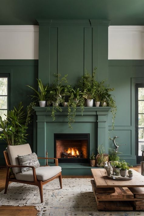 interior decorating, home decor, living room design, fireplace decor, indoor plants, greenery decor, cozy home design Green Painted Fireplace Surround, Green Wall Fireplace, Singletree Ideas, Fireplace Plants Decor, Green Painted Fireplace, Green Living Rooms Ideas, Green Fireplace Wall, Living Room Decor With Fireplace, Fireplace Plants