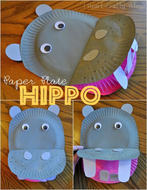 Paper Plate Hippopotamus via I Heart Crafty Things to go along with "The Hiccupotamus" Kuda Nil, Hippo Crafts, Jungle Crafts, Zoo Crafts, Paper Plate Animals, Paper Plate Crafts For Kids, Animal Crafts For Kids, Daycare Crafts, Paper Plate Crafts