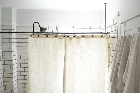 Update: Clawfoot Tub Shower Curtain Liner Idea — The White Apartment Diy Clawfoot Tub, Clawfoot Shower Curtain, Clawfoot Tub Shower Combo, Clawfoot Tub With Shower, Tub Shower Curtain, Clawfoot Tub Shower Curtain, Curtain Diy, Clawfoot Tub Shower, Diy Shower Curtain