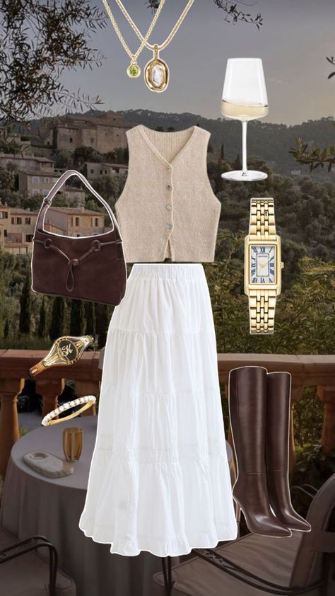 Wine fit, winery fit, date fit, sunset date outfit, outdoor date outfit, summer outfit, summer fit Chic Napa Outfits, Italian Summer Clothing, Country Elegant Outfit, Italy Clothing Aesthetic, Marthas Vinyard Outfits, French Vineyard Outfit, Napa Valley Outfit Fall Wine Tasting, Italy Summer Wardrobe, Rom Com Outfit Aesthetic