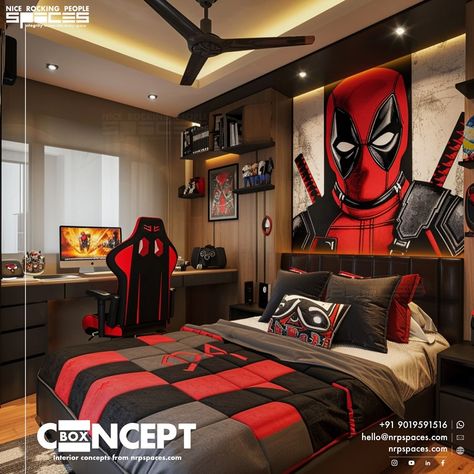 #deadpoolwolverine #themedinteriors Call us to know more #marvel #deadpool #wolverine #disney #movie #mcu #red #yellow Deadpool Room Ideas, Deadpool Bedroom Ideas, Disney Boy Room, Venom Bedroom Ideas, Deadpool Bedroom, Boys Marvel Bedroom, Red Boys Room, Marvel Room Ideas, Deadpool Theme