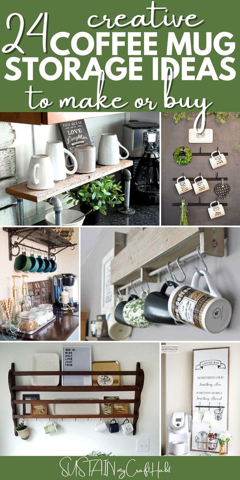 If you or someone you know are coffee lovers, then you'll love and appreciate these creative coffee mug storage ideas. Hanging Coffee Mugs Under Shelf, Coffee Bar Mug Rack, Creamer Storage Ideas, Ways To Display Coffee Mugs, Mug Storage Ideas Cupboards, Diy Coffee Cup Rack, Displaying Coffee Mugs, Hanging Coffee Mugs Under Cabinet, Mug Storage Ideas Display