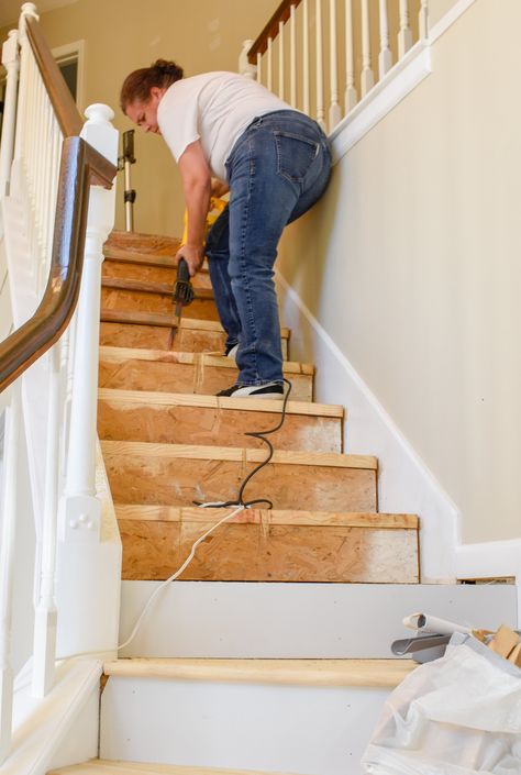 Hardwood Stair Tread Installation - We figured out a way to make this process easier than ever by developing a template system.   Even though no contractor would agree to take on the job, we still managed to replace our carpeted stairs with hardwood in just two days!   #diyhomeupgrades #diyhardwoodstairs #easyhomeimprovement #staircaseideas #spiralstaircase Replacing Carpet On Stairs With Wood, Replacing Stairs With Wood, Carpet To Wood Stairs Diy, Replacing Stair Treads Diy, Taking Carpet Off Stairs, How To Install Stair Treads, How To Replace Stair Treads, Staircase Tread Ideas, Replacing Carpet On Stairs