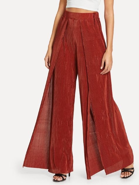 Solid Overlap Wide Leg Pants -SheIn(Sheinside) Overlap Pants, Revolve Party, Men Bracelets, Plain Pants, Jewelry Sale, Blouse Pants, Fancy Pants, Trendy Clothing, Women Pants