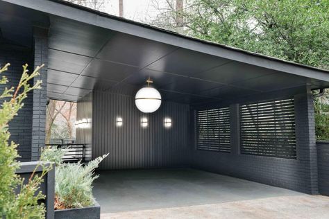 Midcentury Carport Becomes Hip Lounge Space | HGTV Carport Lighting Ideas, Carport Lighting, Mid Century Carport, Carport Addition, Carport Makeover, Mid Century Modern House Exterior, Brian Patrick Flynn, Modern Carport, Mid Century Modern Exterior