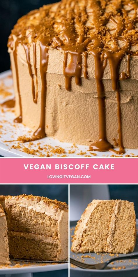 This vegan biscoff cake is fluffy, moist and loaded with biscoff flavor. Topped with a decadent vegan biscoff buttercream frosting. | lovingitvegan.com Vegan Cake Icing, Biscoff Buttercream, Biscoff Recipes, Biscoff Cake, Low Calorie Vegan, Vegan Birthday Cake, Vegan Pastries, Birthday Baking, Vegan Cake Recipes