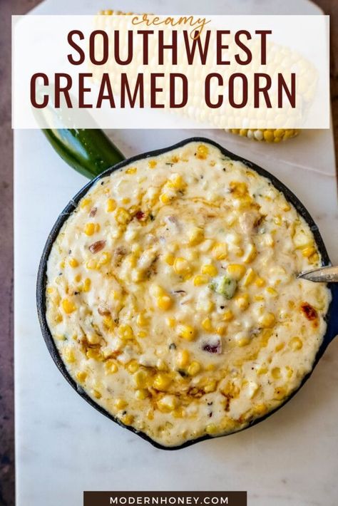 This Southwest Creamed Corn is made with white corn, sauteed with jalapenos and onions, and cooked with heavy cream and pepper jack cheese. The perfect creamed corn recipe with so much flavor! Pepper Jack Creamed Corn, Creamed Jalapeno Corn, Quick Corn Recipes, Southwest Cream Corn, Spicy Cream Corn Recipe, Southwest Creamed Corn, Best Cream Corn Recipe, Spicy Cream Corn, Mexican Cream Corn