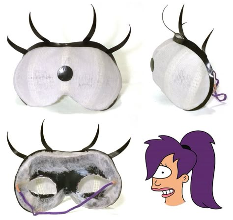 A super quick mask I made for a New Years party. All materials from the $1 store. For the quick tutorial, check out Leela's Eye WIP! Futurama Leela Costume, Leela Halloween Costume, Leela Futurama Costume Diy, Alien Antenna Diy, Leela Cosplay, Leela Costume, Futurama Costume, Futurama Cosplay, Eye Mask Diy