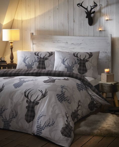 Tartan Check Stag Rein Deer Duvet Quilt Cover Double Bedding Bed Set Grey Black Rein Deer, Red Sheets, Grey Linen Bedding, Bed Linen Design, Deer Decor, Quilted Duvet, Luxury Bedding Sets, Bed Linens Luxury, Bed Linen Sets