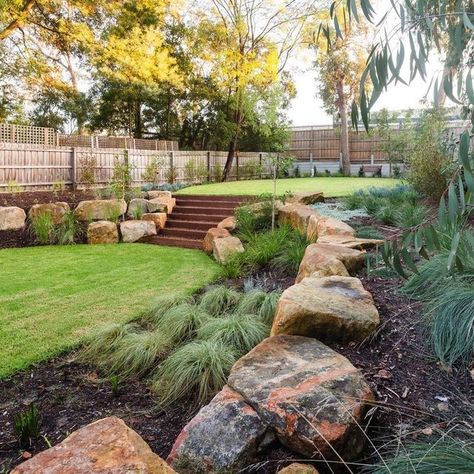 Landscape With Boulders, Acreage Landscaping, Australian Garden Design, Australian Native Garden, Landscaping With Boulders, Designer Store, Front Garden Design, Sloped Garden, Australian Garden